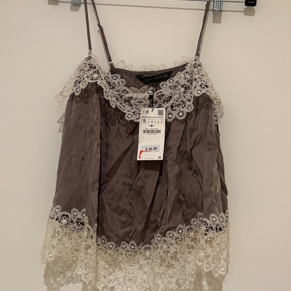 Zara Taupe and White Lace Blouse